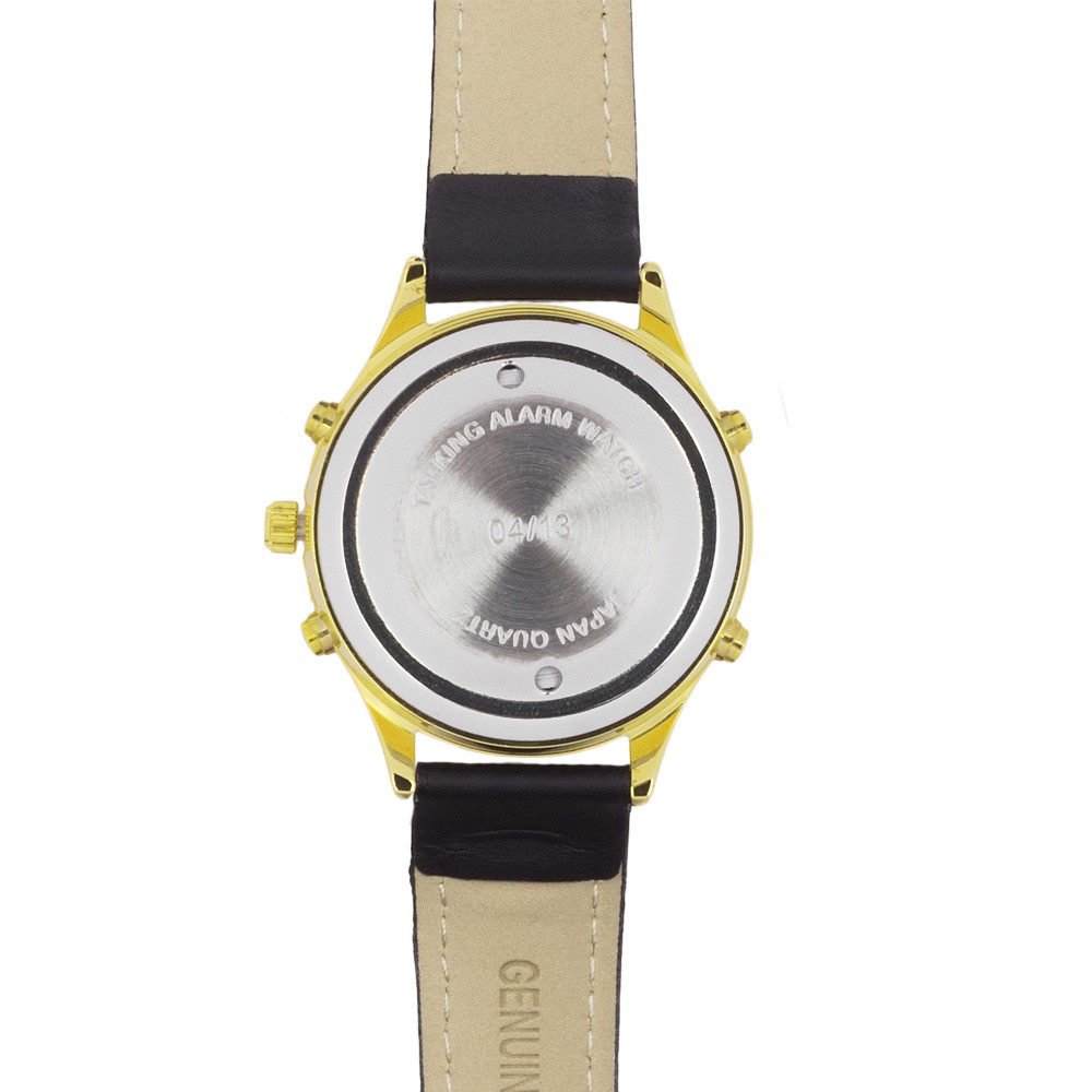 Sprechende Herren-Armbanduhr, goldfarben schwarzes  Lederband  - sprechende Armbanduhr, Blindenuhr, Sprachausgabe,  sprechende Funkarmbanduhren,Uhren für Sehbehinderte